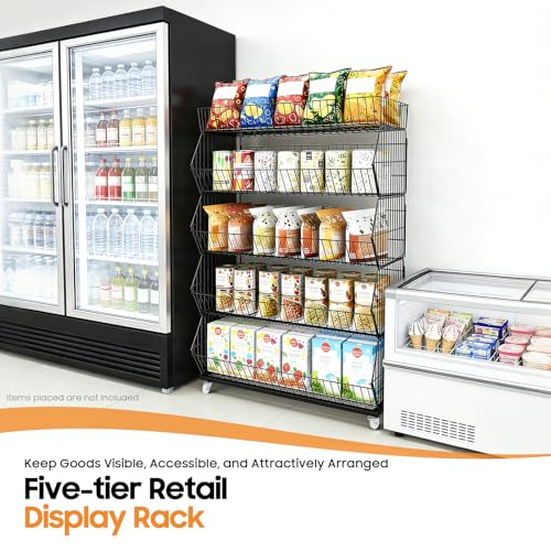 5-Tier Retail Display Rack, Freestanding Snack Display Shelf/Stand, Metal Chip Snack Candy Storage Cart with Wheels & Hooks, Snacks Display Rack for Party, Supermarket, Home Kitchen, Black - color: Black