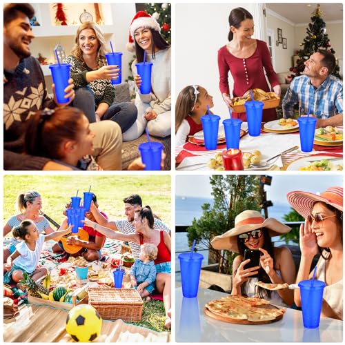 24 Pack Plastic Tumblers with Lids and Straws, Reusable Colorful Cups for Parties, Birthdays, Iced Coffee, Travel, Cold Drink Bulk Tumblers (24 oz, Dark Blue) - color: Dark Blue-24pcs