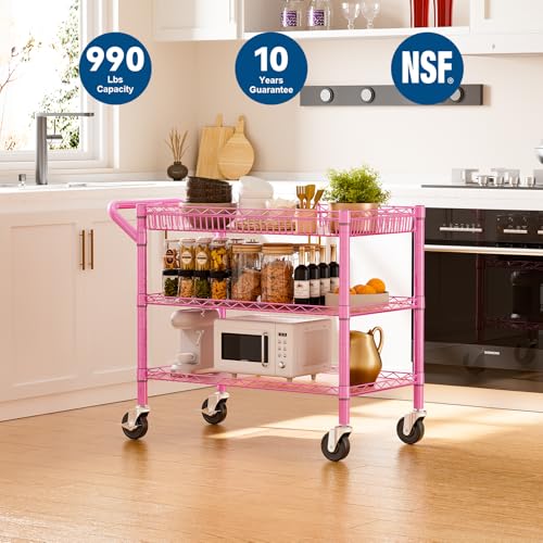 WDT Pink Rolling Utility Cart with Wheels, 990Lbs Heavy Duty Metal Cart with Handle & Shelf Liners, NSF Certified 3-Tier Storage Trolley for Esthetician, Kitchen, Salon & Craft Room, Pink - color: Pink-3 Tier
