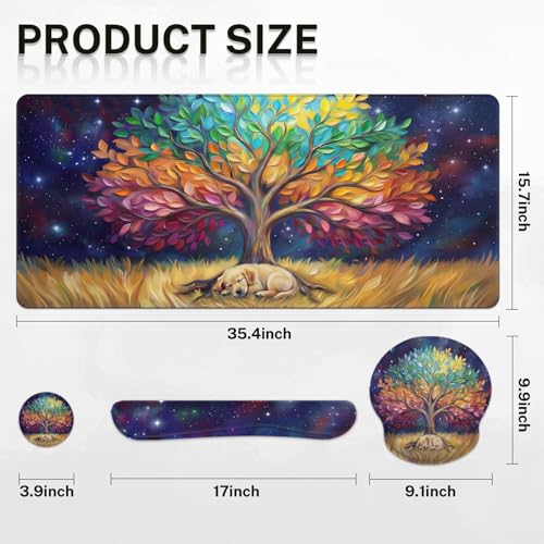 Britimes Keyboard Mouse Pad Set, 4 in 1 Desk Mat Set, Tree Oil Painting - color: Colorful Tree