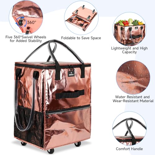 Reusable Grocery Bag On Wheels, 70L Foldable Rolling Tote with 6 Pockets - color: Rose Gold, size: Medium