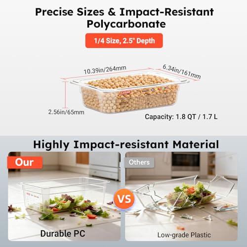 6-Pack 1/4 Size 2.5" Deep Polycarbonate Food Pans, NSF Commercial Clear Food Pan, Hotel Pan for Cold Food, Prep, Portion Control & Home Kitchen Use, Food-Grade with Erasable Markers & Label Area - color: 1/4 Size, size: 2.5" Deep