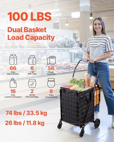 VEVOR Shopping Cart, Folding Grocery Utility Cart with Dual Baskets, Waterproof Liner & Wheels, 100 LBS Large Load Capacity, Heavy Duty Laundry Basket for Laundry, Shopping, Camping, Grocery, Luggage - size: Medium