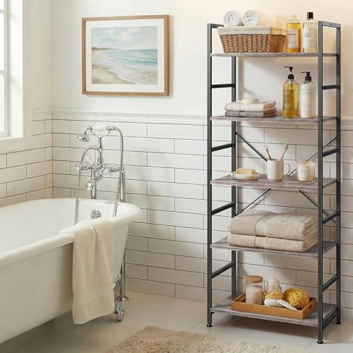 5 Tier Bookshelf, Free Standing Bookcase with Open Storage Shelves - color: Grey Wood, size: 5 Tier