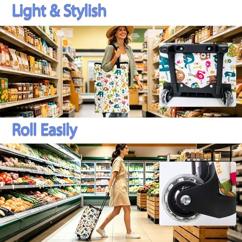 Folding Shopping Cart With Wheels for Groceries,Small Rolling Grocery Cart with Insulation Layer,Portable Tote Bag on Wheels With Pull Handle zipper seal,Lightweight White
