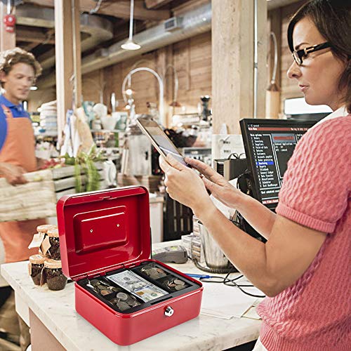 Kyodoled Medium Cash Box with Money Tray,Small Safe Lock Box with Key,Cash Drawer,7.87"x 6.30"x 3.54" Red Medium - color: Red-1PACK, size: Medium