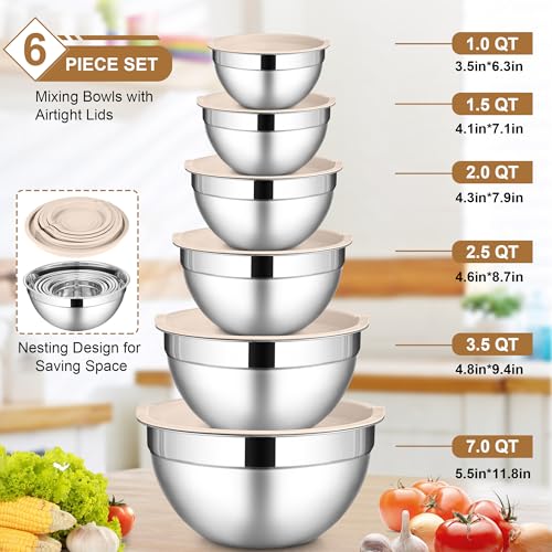 LIANYU 6 PCS Mixing Bowls with Lid Set, Size 7 & 3.5 & 2.5 & 2 & 1.5 & 1QT - color: Khaki, style: Atlas Base with Airtight Lids