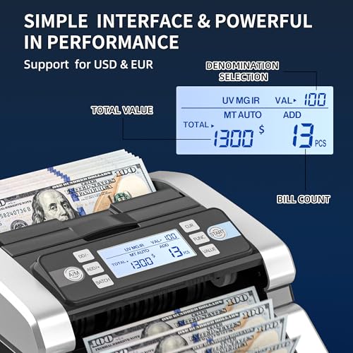 PONNOR Money Counter Machine, Cash Counterfeit Bill Detection, Dollar Euro