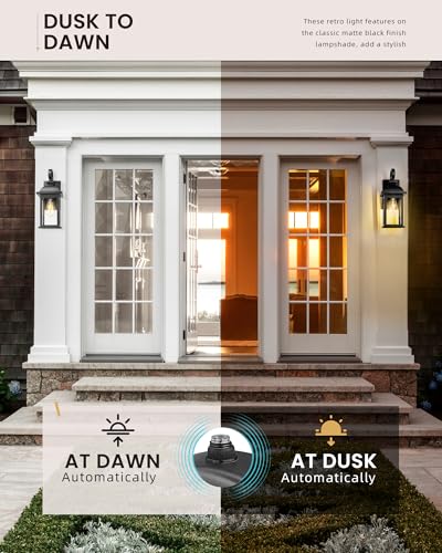FEMILA Dusk to Dawn Outdoor Wall Sconce, 15" Matte Black Seeded Glass Outdoor Sconce Lights, Front Porch Light Fixtures Wall Mount, Garage Lights for Patio, Entryway, Garden, 4FD54B-PC BK - color: Matte Black, Seeded Glass, size: 15", Dusk to Dawn