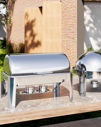 Roll Top Chafing Dish Buffet, 9QT Food-Grade Stainless Steel Commercial Chafer for Catering, Parties, and Weddings, 1 Full Sized Pan+2 Half Sized Pans - color: 9qt-silver Rectangular, size: 1 Full Sized Pan + 2 Half Sized Pans