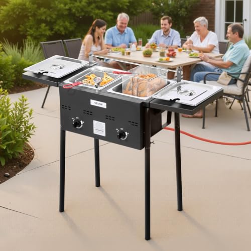 VEVOR Outdoor Propane Deep Fryer, Double Burners Commercial Fryer, 16 Qt Stainless Steel Cooker with Removable Baskets & Lids & Tanks, Oil Fryer Cart with Thermometer & Regulator, For Outdoor Cooking - size: 16QT(8QTX2)