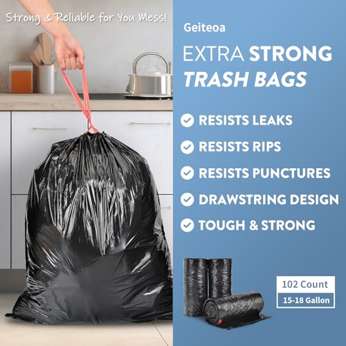 15-18 Gallon Black Trash Bags with Drawstring, 102 Count