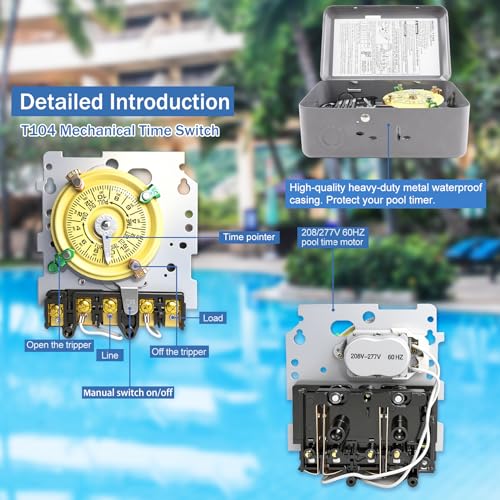 T104 Mechanical Timer Switch, 208–277 VAC 40 Amp,Pool Pump Switch, 24 Hour 12 ON/Off for Pump, Heavy Duty Pool Timers, Timer for Lights HVAC Systems, 5 Years Warranty - style: T104