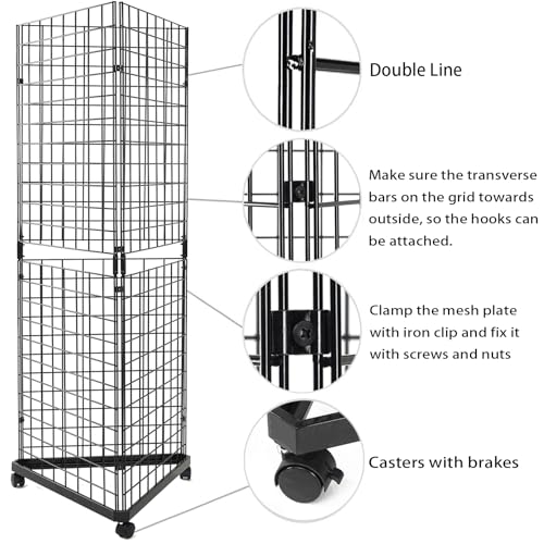 Heavy Duty Triangle Gridwall Display Rack with Casters, 6’ x 2’ Metal Wire Grid Panel Tower for Retail Store Fixtures, Trade Shows, Garage & Home Organization