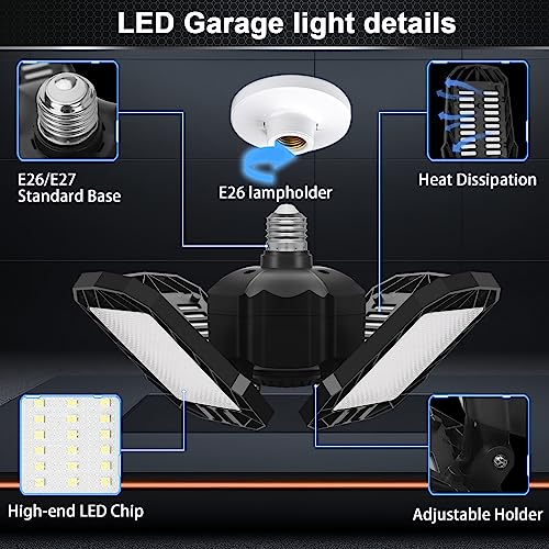 2 Pack LED Garage Light, 150W 15000LM 6500K LED Shop Lights, Garage Lights Ceiling Led with 4 Deformable Panels, Screw in E26/E27 Bulb Socket for Warehouse, Basement, Attic, Barn, High Bay Lighting - size: 150W-2PACK
