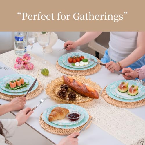Bone China Dinnerware Set for 4, 12 Pcs Plates and Bowls, Light Blue Rim - color: Light Green