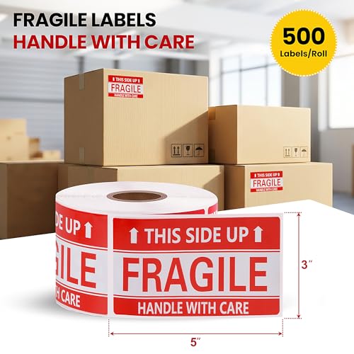 3 × 5 Inch Fragile Stickers Waterproof This Side Up Stickers Strong Adhesive Fragile Labels for Shipping Moving (500 PCS, 1 Roll) - size: 3" × 5", style: 1 Roll-500 PCS This Side Up