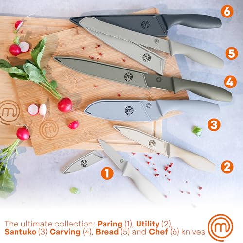 MasterChef Kitchen Knife Set with Covers, 6 Professional Chef Knives for Home Kitchens, Extra Sharp Cutting Stainless Steel Blades & Protective Sheaths, Soft-Touch Easy-Grip Handles, Earth Greys - color: Earth, style: Knives with Covers