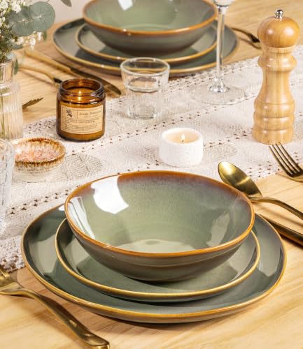 TheTerra Ceramic Dinnerware Set for 4, 12-Piece Plates and Bowls Set - color: Sage Umber