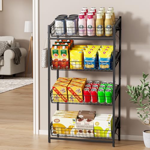 VOPEAK 4 Tier Retail Snack Display Stand, Metal Retail Display Rack with 2 Hooks, Potato Storage Rack, Concession Stand Candy Organizer, Easy Assembly Fruit Basket, Snack Organizer for Pantry, Office