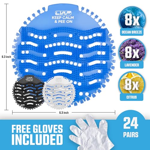 Urinal Screen Deodorizer (24 Pack) Odor Protection for Toilets in Office, Schools, Restaurants Bathroom, 3 Colors Anti-Splash - 24 Urinal Cakes + 24 Free Gloves - color: ALL-24pcs