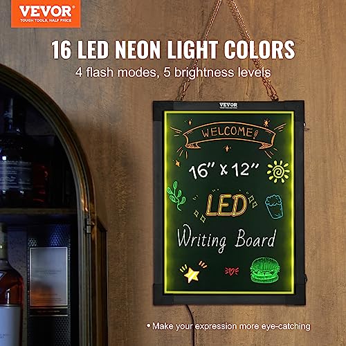 VEVOR LED Message Writing Board, 16"x12" Illuminated Erasable Lighted Chalkboard, Neon Effect Menu Sign Board, Drawing Board with 8 Fluorescent Chalk Markers and Remote Control, for Home Wedding Shop - size: 12"W x 15.9"H
