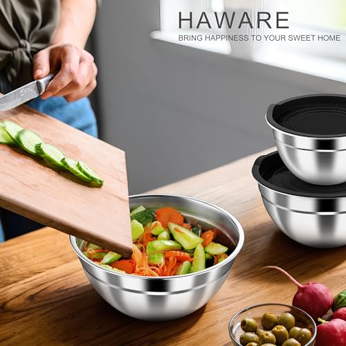 HaWare Mixing Bowls with Airtight Lids, 6-Piece Stainless Steel Salad Bowls - color: Black, size: Airtight Lids