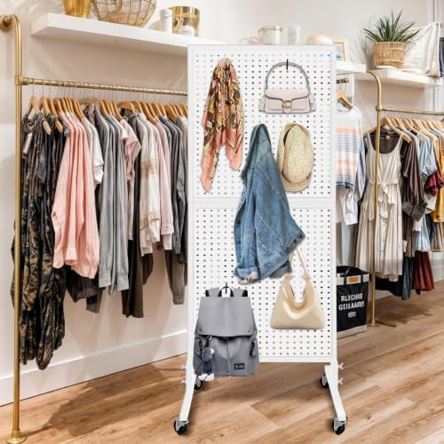 Royxen 5.3 x 1.9 Ft Standing Pegboard Display with T-Base, Locking Wheels and 20 Hooks, Metal Peg Board Display Stand for Craft Shows, Vendors and Retail Stores, White - color: White