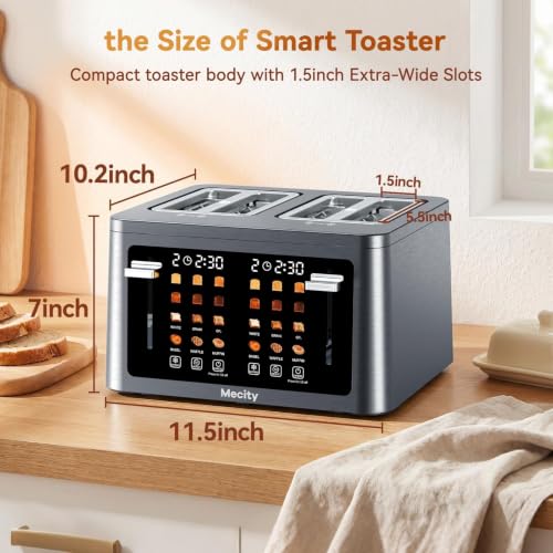 Mecity 4 Slice Touchscreen Toaster, 6 Bread Modes & 6 Browning Levels, Dual Touch Control Wide Slot Stainless Steel Electric Toaster with Memory, Defrost, 3-Min Auto Shutoff for White, Bagels, Waffles - color: 4 Slot-Brushed stainless steel gray