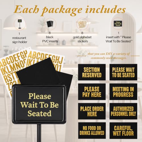 Please Wait To Be Seated Sign, 8.5 x 11 Inch Heavy Duty Sign Holder Stand with 8 Inserts and 8 Alphabet Stickers, Can DIY Sign Messages, Floor Standing Poster Stand with a Base for Yard Business Store Floor Indoor/Outdoor Signage&Advertising, Black
