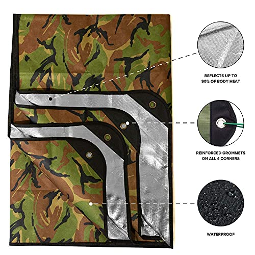 Arcturus Insulated Tarp, Reusable Heavy Duty Thermal Survival Blanket โ 60x82in, Reflects 90% Body Heat, Waterproof, Windproof, 3-Layer Design, Reinforced Grommets, Woodland Camo - color: Camo