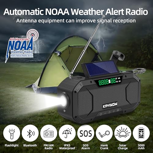 Solar Hand Crank Emergency Radio with Waterproof,Portable AM FM NOAA Weather Radio, Rechargeable 5000mAh/18500mWh Battery Power, Wind Up Flashlight Phone Charger, SOS,Survival Storm Hurricane - color: Black