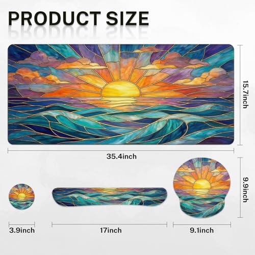 Britimes Keyboard Mouse Pad Set, 4 in 1 Desk Mat Set, Gold Sun Ocean - color: Gold Sunset Ocean