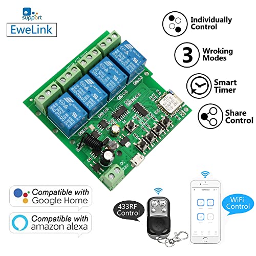 4 Channels WiFi Wireless Smart Switch Inching Self-Locking Relay Module,for DIY Access Control, Garage Door Opener with 433RF Remote Control (Ewelink App) - color: DC4+433, size: Ewelink