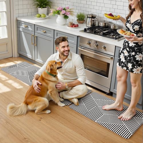 KIMODE Anti Fatigue Kitchen Mats, Padded Kitchen Floor Mats 17"x47"+17"x29" - color: Black Geometric, size: 17.3" x 47"+17.3" x 29"--0.47 inches
