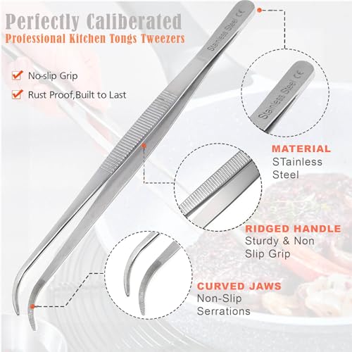 Professional Culinary Stainless Steel Precision Tongs with Serrated Tips, Plating/Food Presentation Detailing Serving Tongs, Chef's Kitchen Tweezer Tongs - Ultra Non-Slip Grip (8 Inch Curved) - size: 8" Curved