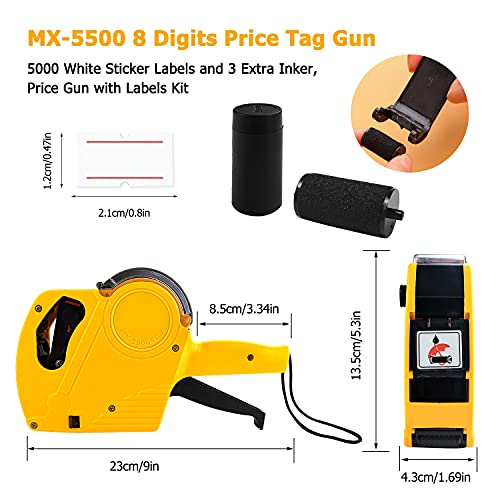 MX-5500 8 Digits Price Tag Gun with 5000 White Sticker Labels and 3 Extra Inker, Price Gun for Grocery Store Marking (Yellow) - color: Yellow