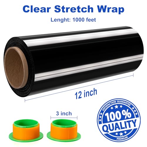 2 Rolls Black Stretch Wrap 12" x 1000FT x 80 Gauge Heavy Duty Film - size: Black, 2 Rolls 12 In x 1000 Ft