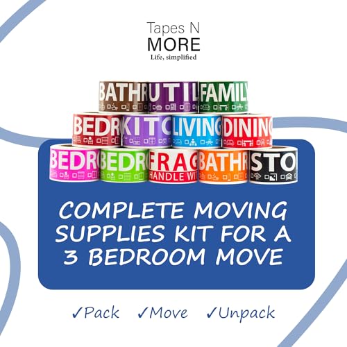 600 Home Moving Labels for 3 Bedroom House — 12 Color-Coded Room Labels (50 Each) + Fragile Stickers for Moving Boxes, Supplies, Wardrobe Boxes, Apartment Moves