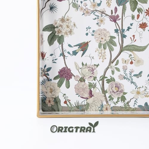 Serving Tray with Handles, Rectangular Plastic Tray 15.75x11.81 Inch, Floral Art with Peony, Hydrangea, Magnolia & Magpie Style Decorative Tray for Kitchen, Dining Table, Vanity, Office & Home - color: Chinoiserie Botanicals 1 Pc
