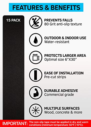 6”x30” Stair Treads Non-Slip Outdoor Tape – (15-Pack) Black Anti-Slip Strips - size: 6"x30"