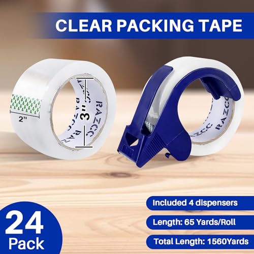 RAZCC Clear Packing Tape, 24 Rolls Heavy Duty Packaging Tape with Dispensers for Packing Shipping Moving and Sealing, Thicker Packing Tape-2" x 65 Yards Per Roll, 1560 Total Yards - size: 2"-24 Rolls