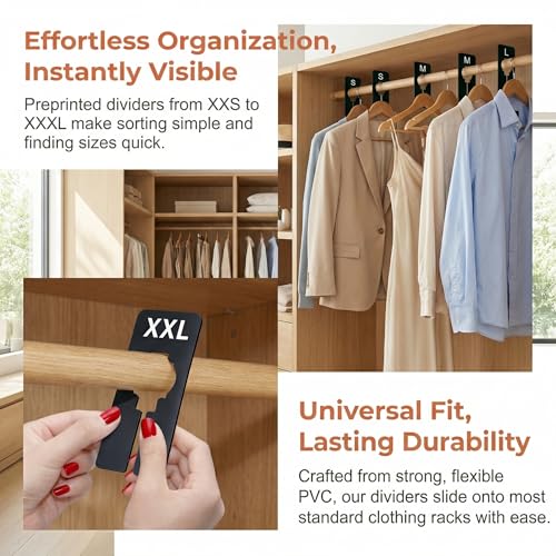 8Pcs Clothing Rack Dividers Black Plastic Closet Size Divider Hanger Labels for Clothes Tags for Hanging Rod Organizer Preprinted Garment Size Markers from XXS to XXXL