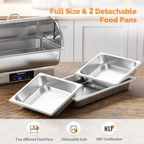 ROVSUN 9 QT 2 Pack Roll Top Electric Chafing Dishes for Buffet,Stainless Steel Chafing Dish Buffet Set with Temperature Control,Chafers and Buffet Warmers with Full & Half Size Pan for Party Catering - size: 2 Pack