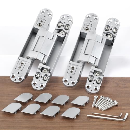 Hidden Door Hinges, 2 Pack 7 inch 3-Way Adjustable 180° Zinc Alloy Hinge - color: Silver, size: 7 Inch