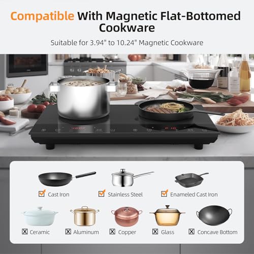 Double Induction Cooktop, Nuopuplai Induction Cooker 2 Countertop Burners, Independent Control With 1800W Sensor Touch,10 Temperature & Power Levels,3-hour Timer,Safety Lock For Cooking