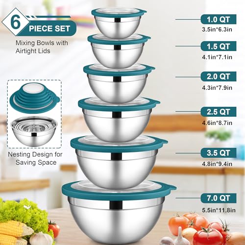 LIANYU 6 PCS Stainless Steel Mixing Bowls with Visible Lid for Food Storage - color: Dark Blue, style: Atlas Base with Visible Lids