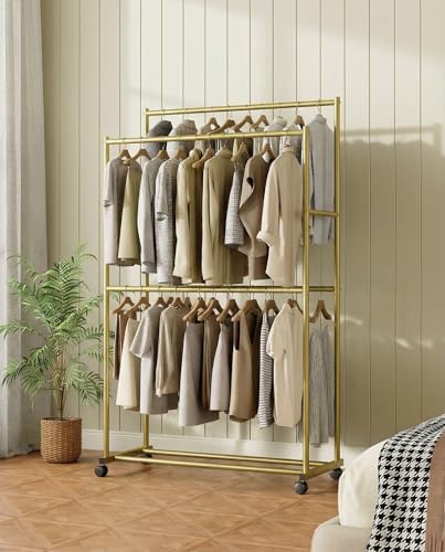 Clothes Rack 36.2" x 21.3" x 72", 4-Bar Double Rod Rolling Metal Clothing Rack for Hanging Clothes, Portable Garment Rack with Wheels for Bedroom Laundry, Closet Wardrobe, Gold - color: Gold, size: 36.2" x 21.3" x 72"