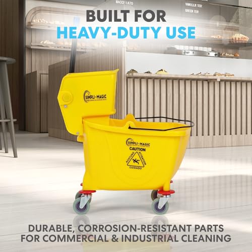 Simpli-Magic Side Press Wringer Combo Commercial Mop Bucket on Wheels, 35 Quart,Yellow, Including Wet Floor Caution Sign and Set, Polyethylene - color: Yellow - Set