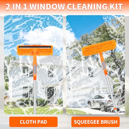 67" Squeegee Window Cleaner, 2 in 1 Professional Window Cleaning Tool Kit with Extension Pole, Window Washing Equipment with Rotatable Head for Indoor Outdoor Windows Car Glass - color: Orange